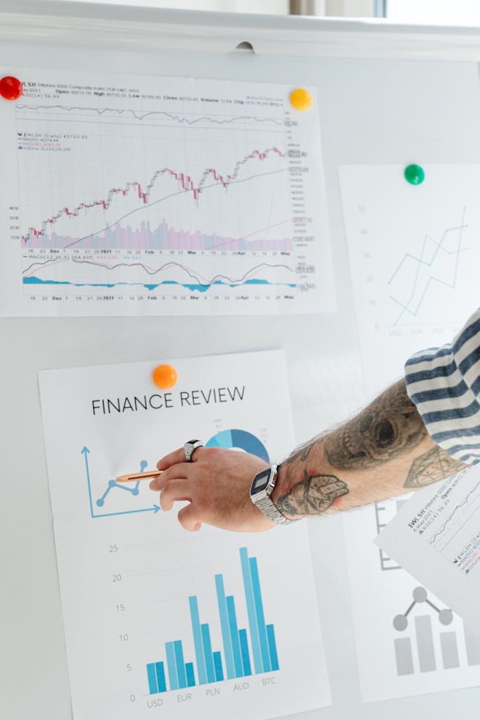 gallery-06 Man examining financial data charts on a whiteboard in an office setting.